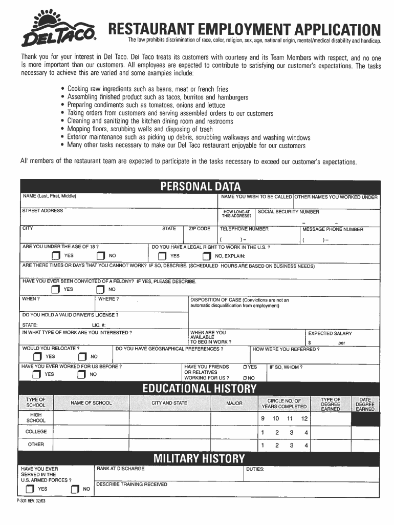  Del Taco Job Application PDF 2003-2024