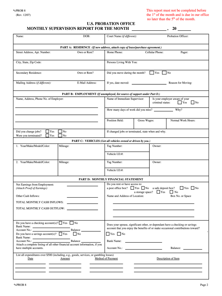  Monthly Report Probation  Form 2007