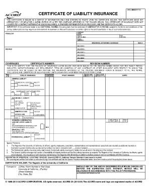 Certificate of Insurance  Form