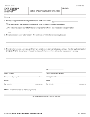 Notice of Continued Administration  Form