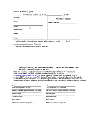 26 Notice of Appeal in the Iowa District Court for County Plaintiffs Notice of Appeal Name Small Claim No Iowacourts Form