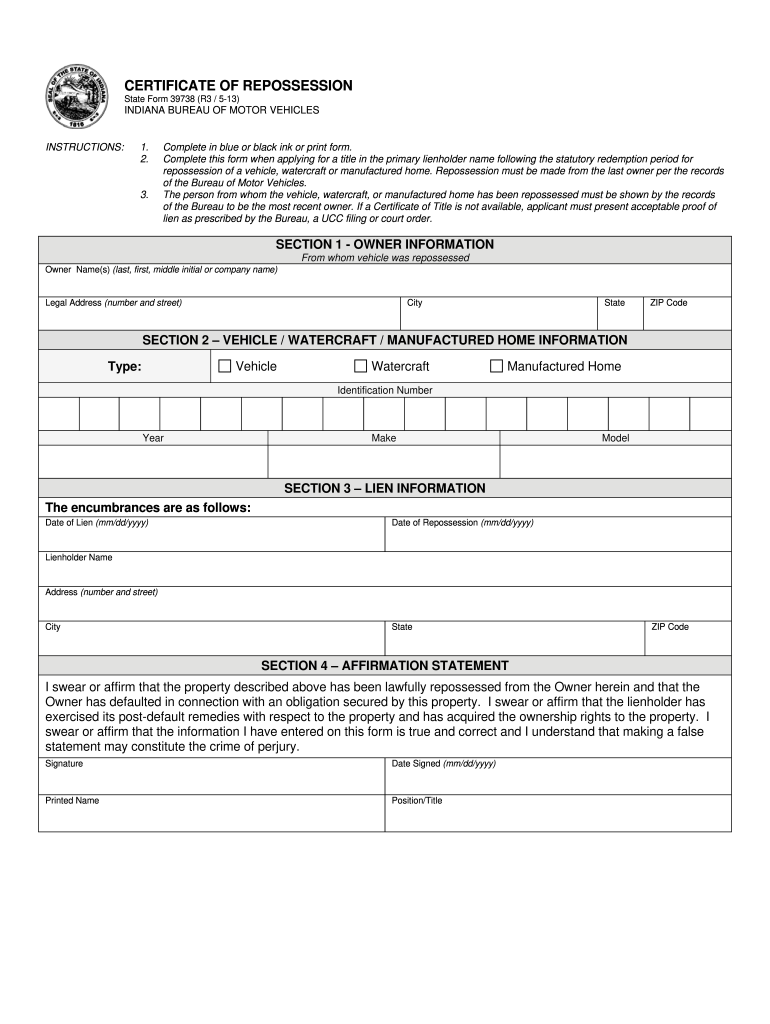 Indiana Repossession Form