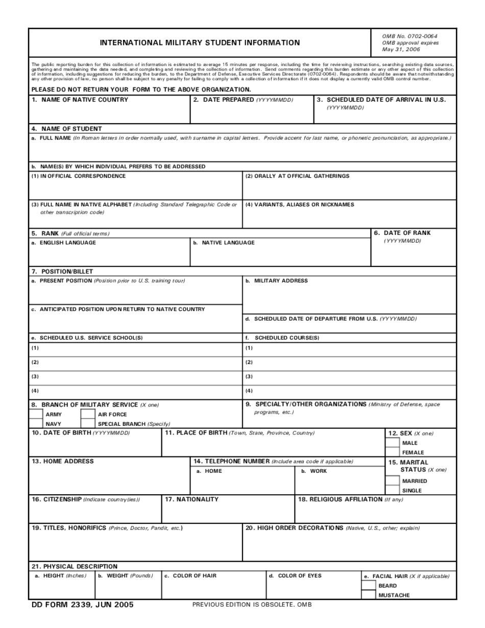  DD Form 2339 International Military Student Information June Reginfo 2005-2024