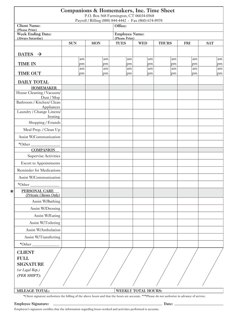  Companions and Homemakers Timesheet 2013-2024