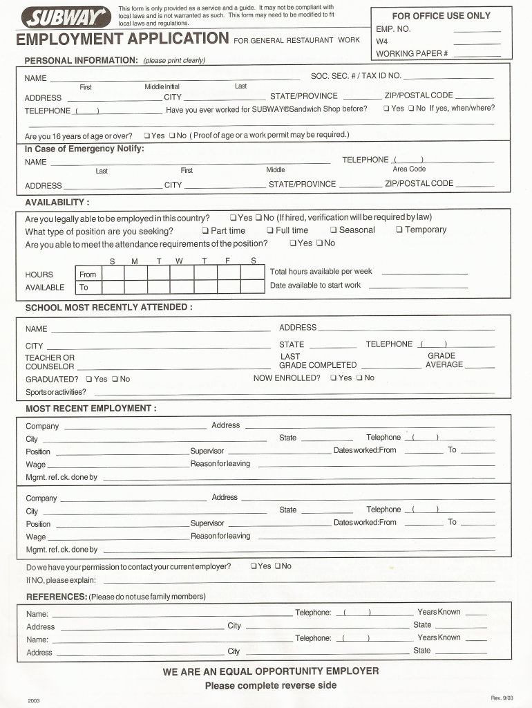 Subway Application PDF  Form