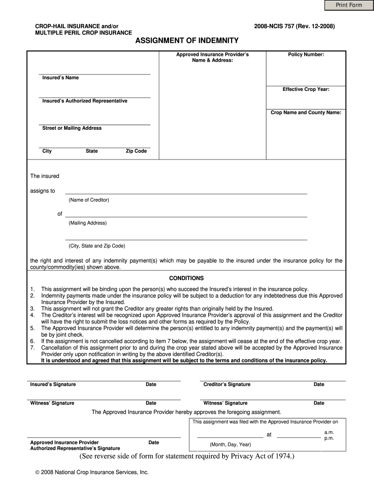 Ncis Assignment of Indemnity Form
