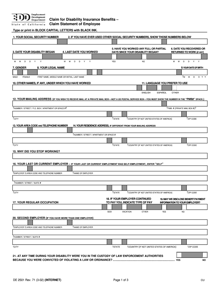  Claim for Disability Insurance Benefits Claim Statement of Employee Capslo 2002