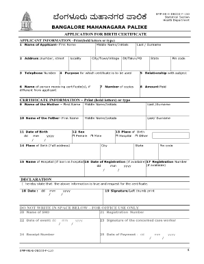Bbmp Birth Certificate Application Form PDF
