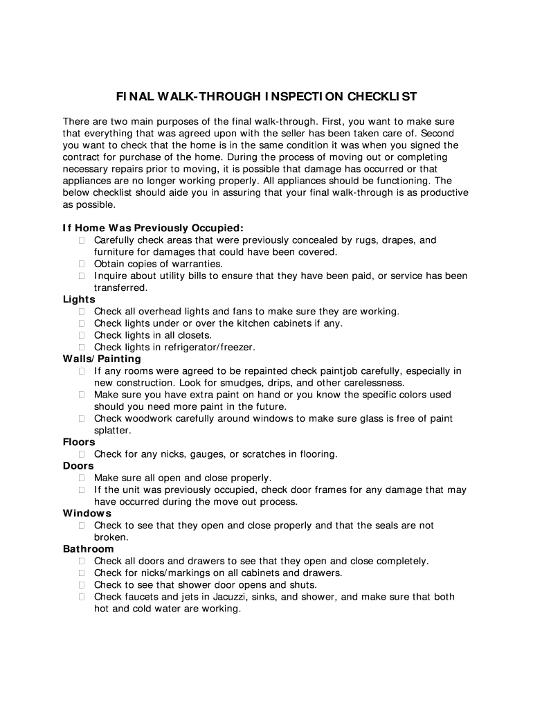 Pre Closing Walk through Checklist PDF  Form