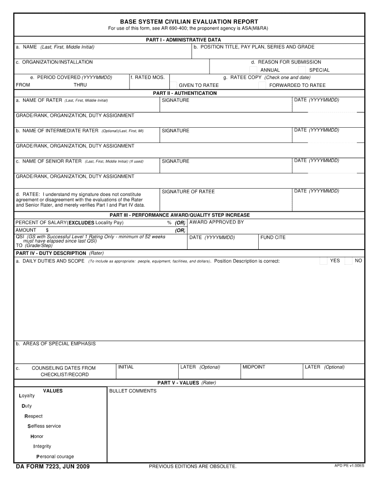  BASE SYSTEM CIVILIAN EVALUATION REPORT DA FORM 7223 2009