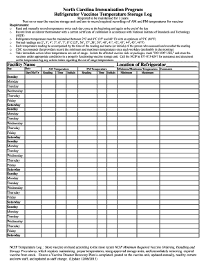 North Carolina Immunization Refrigerator Vaccines Temperature Log  Form