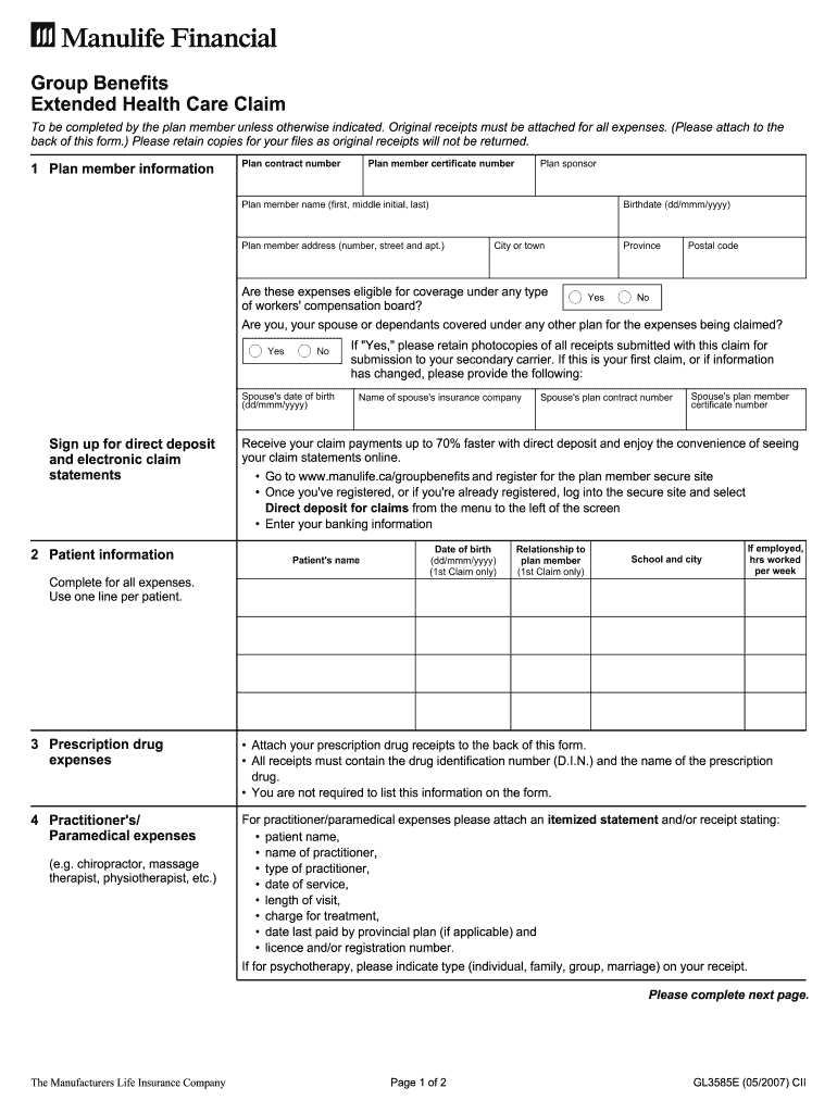  Manulife Gl3585e Fillable Form 2007