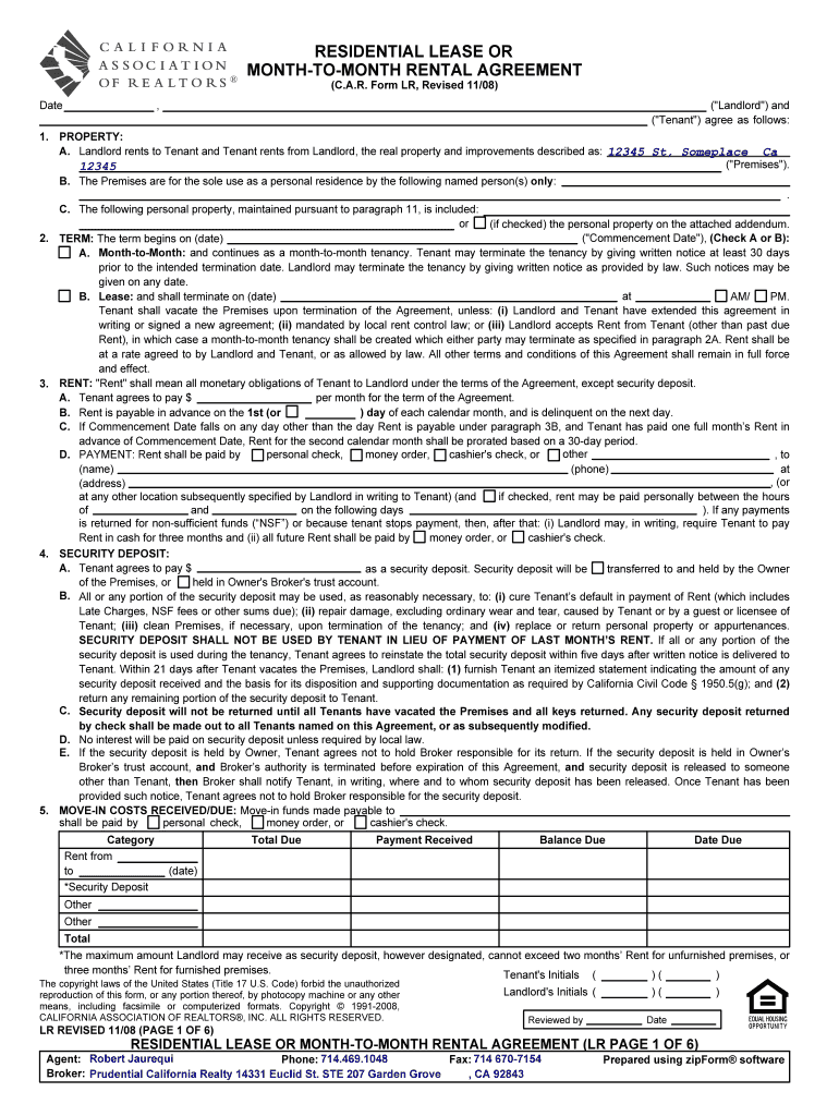 LR Residential Lease or Month to Month Rental Fullerton College  Form