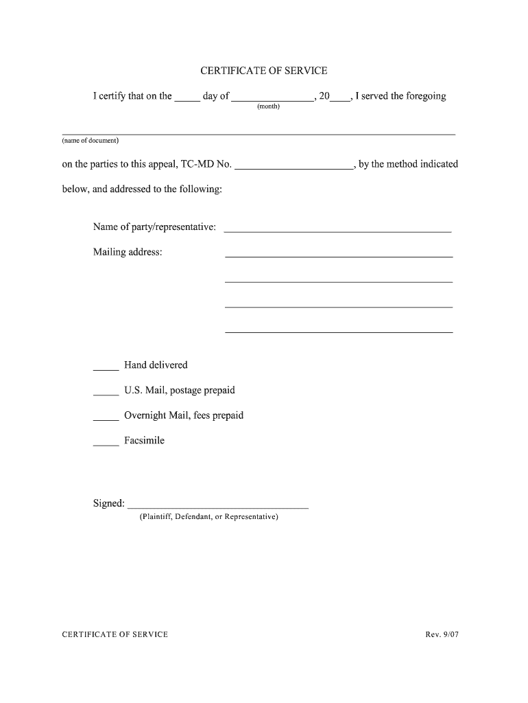 Certificate of Service Oregon  Form