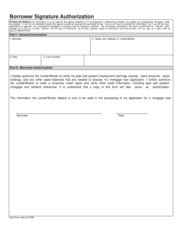  Borrower Signature Authorization Fillable 1998