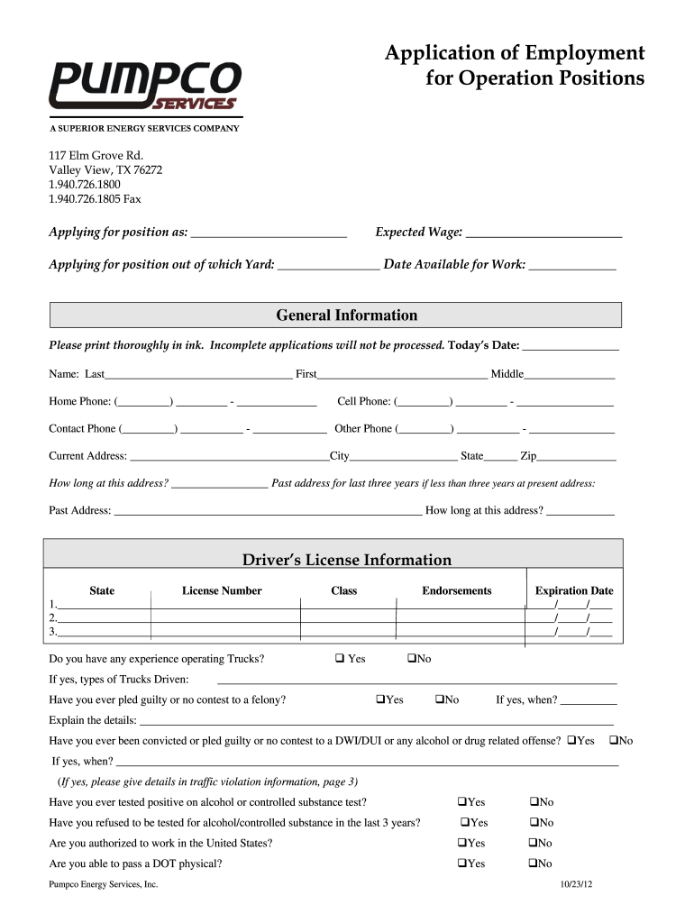 Get and Sign Application of Employment for Operation Positions PUMPCO 2012-2022 Form