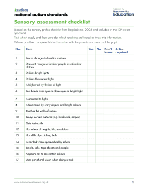 Printable Sensory Assessment Checklist  Form