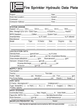 Fire Sprinkler Hydraulic Data Plate  Form