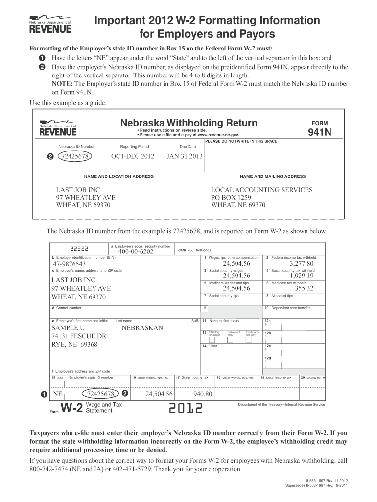  Important W 2 Formatting Information for Employers and Payors  Revenue State Ne 2012