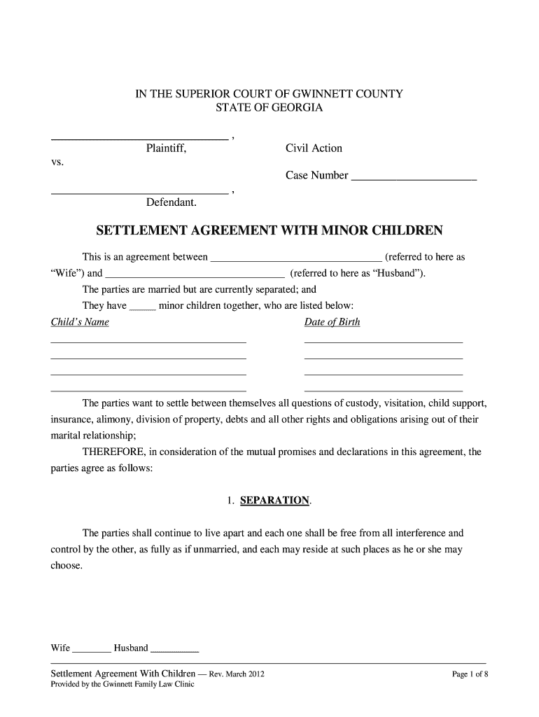  Settlement Agreement with Minor Children Form 2012-2024