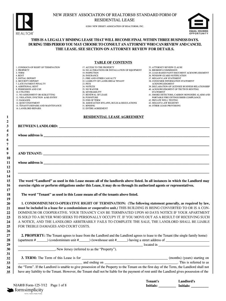 New Jersey Association of Realtors Standard Form of Residential Lease