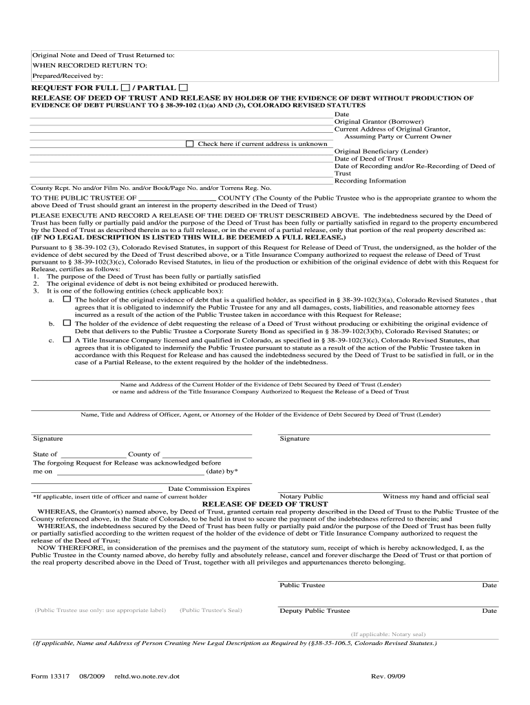  Colorado Release of Deed of Trust Form 2009-2024