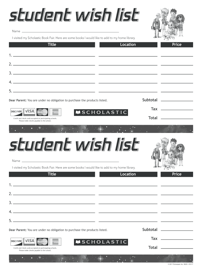 Student Wish List Student Wish List Scholastic Book Fair  Form
