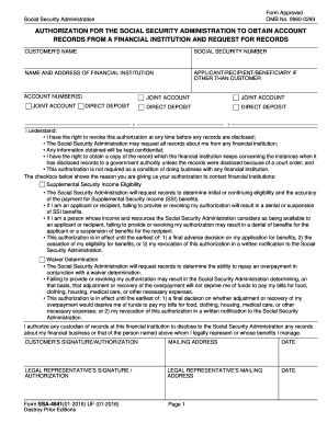 Authorization for the Social Security Administration to Obtain Account Records from a Financial Insitution and Request for Recor  Form