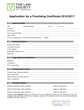  Application for a Practising Certificate Law Society of 2016
