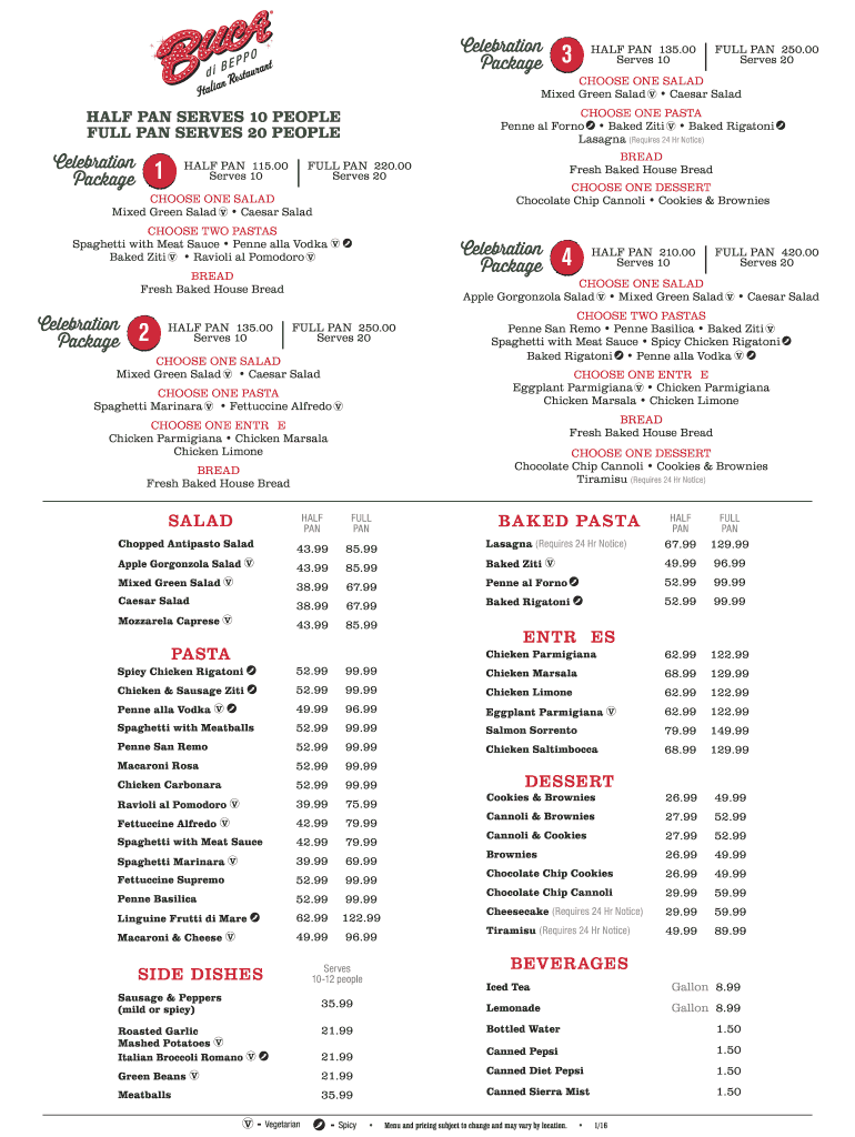 Buca Di Beppo Menu  Form