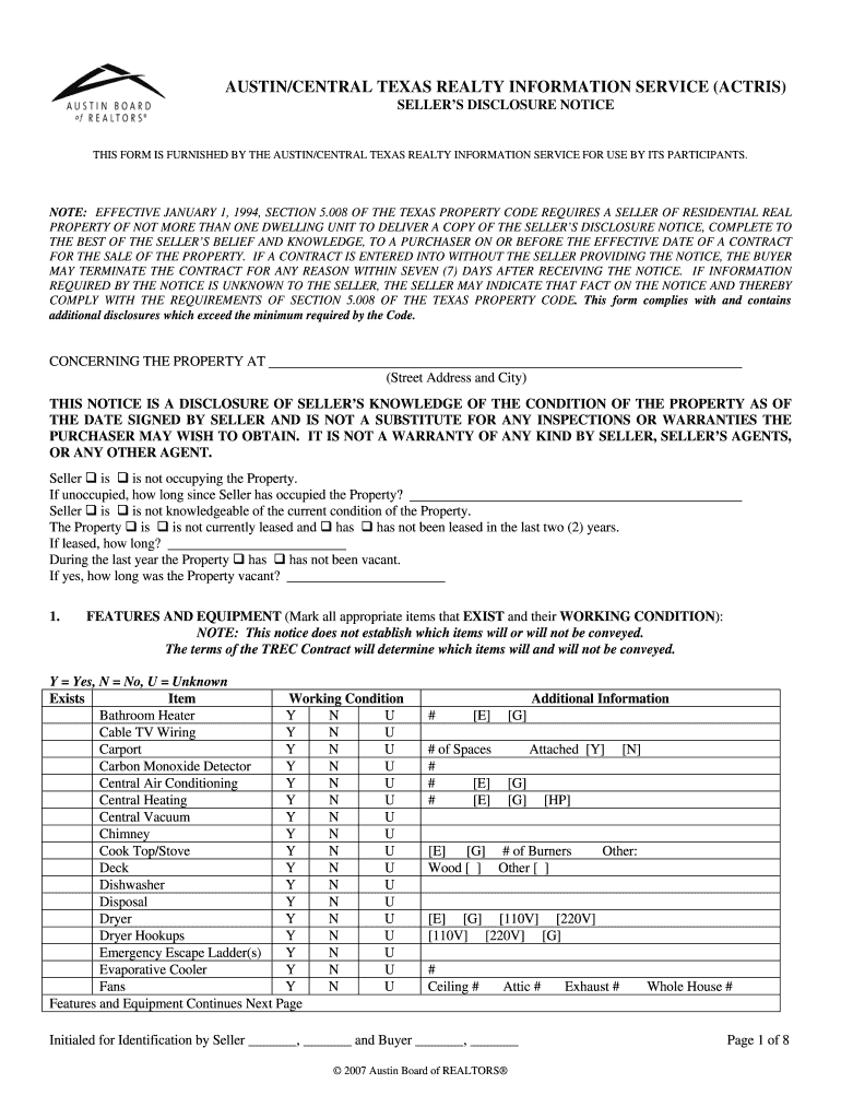  Texas Real Estate Fillable Sellers Disclosure Form 2007