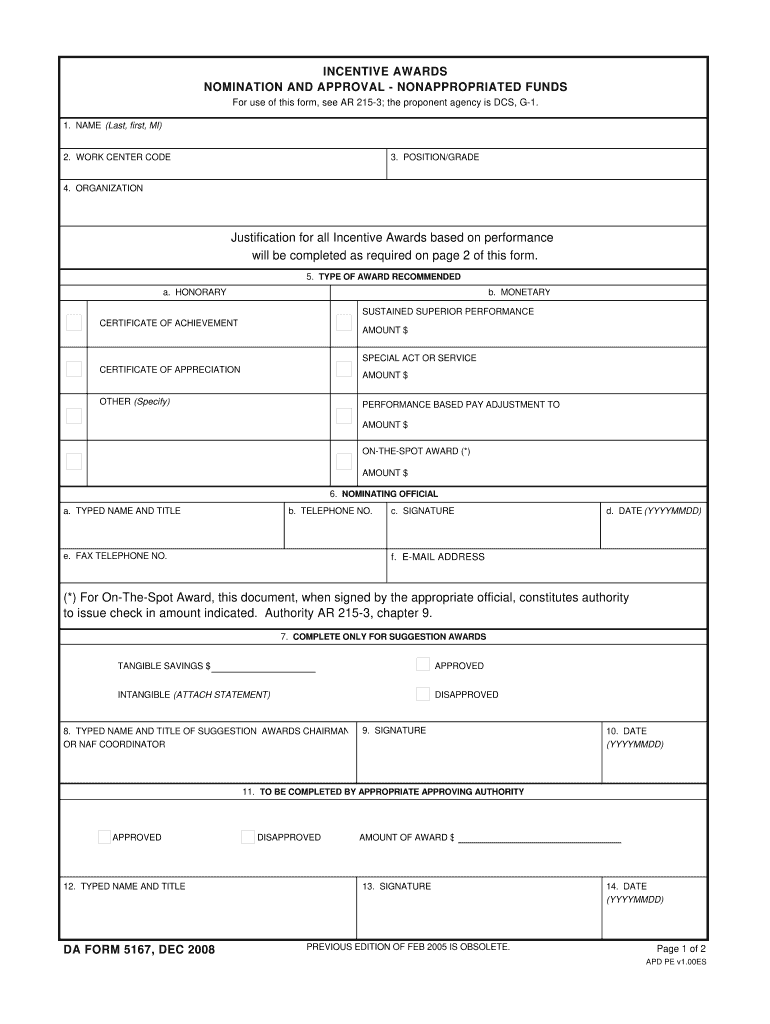  Da Form 5167 2008-2024