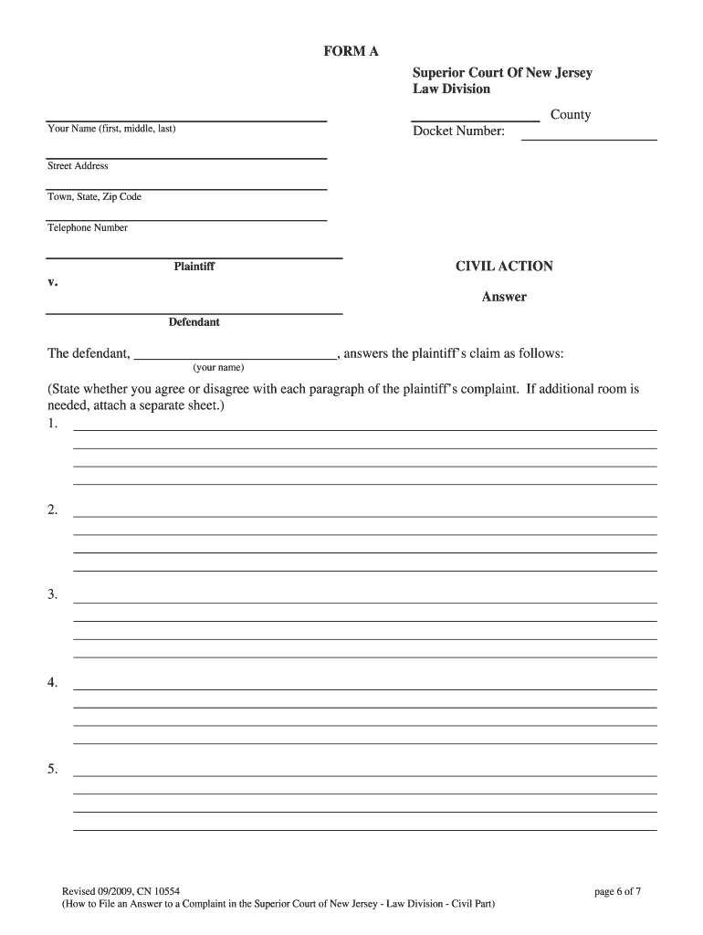  Answer Complaint  Form 2009