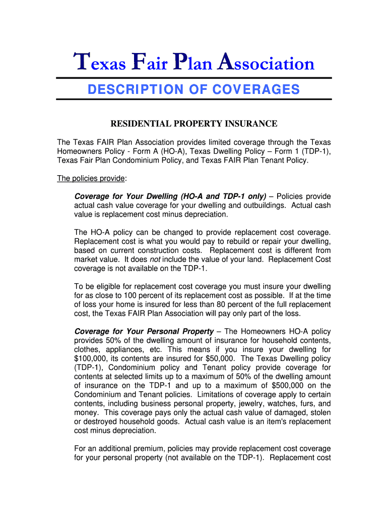 Texas Dwelling Policy Form 3 Texas Fair Plan