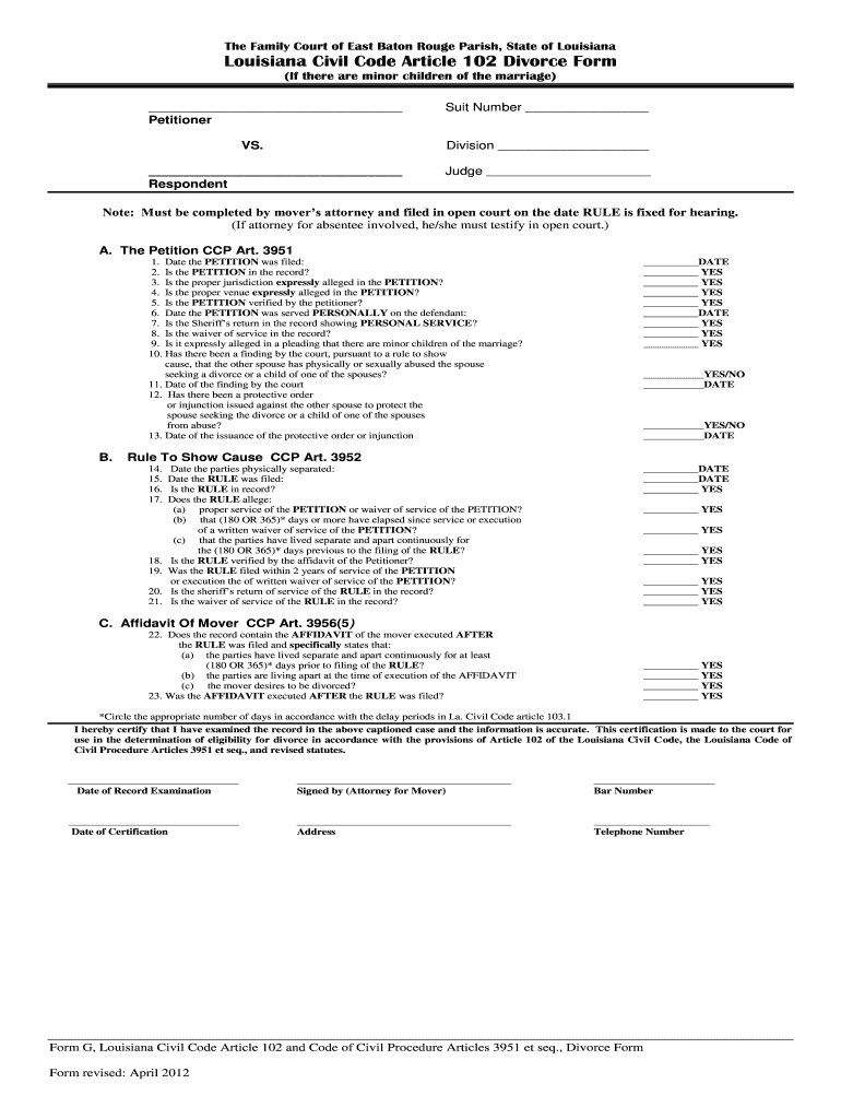  Louisiana Petition for Divorce Article 103 Form 2012-2024