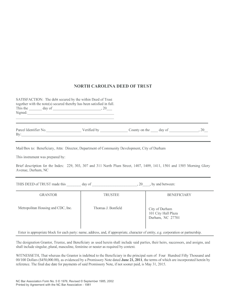  North Carolina Form Deed Trust 2002-2024