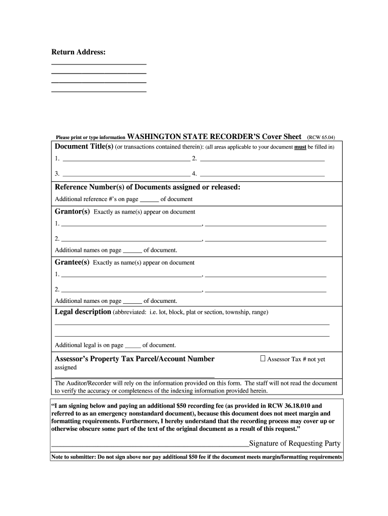 Washington State Recorder's Cover Sheet  Form