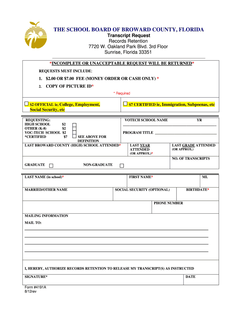  Broward County School Transcripts 2012