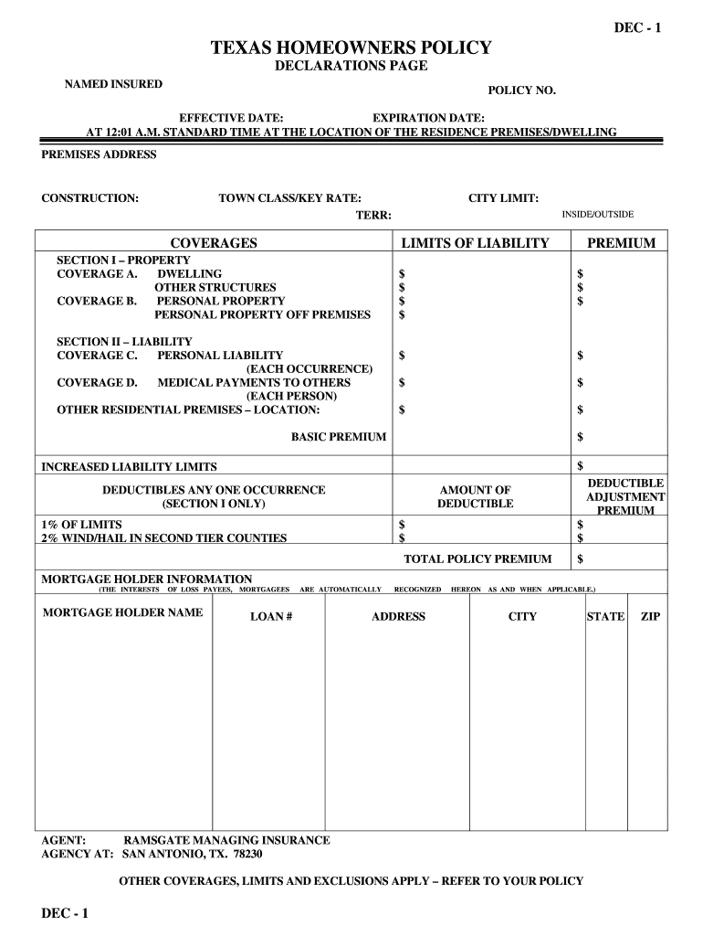 Texas Standard Homeowners Policy Declarations Form