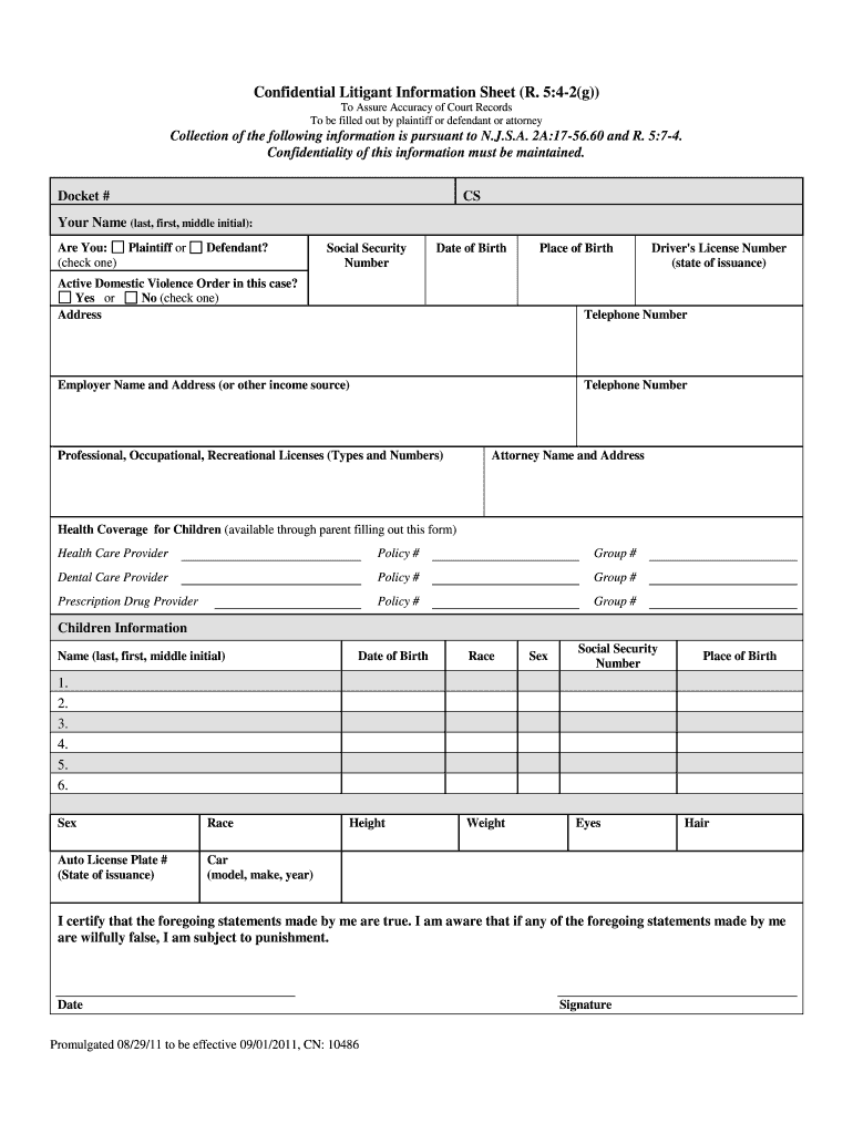  Confidential Litigant Sheet New Jersey Form 2012