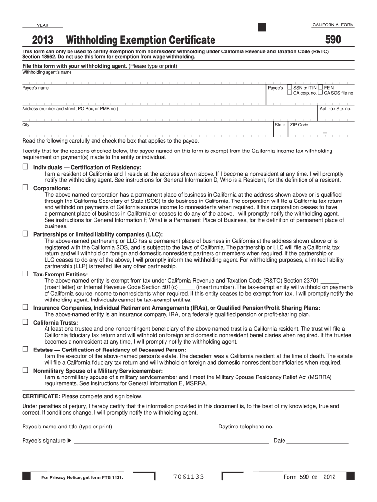  Form 590 Withholding Exemption Certificate Ftb Ca Gov 2020