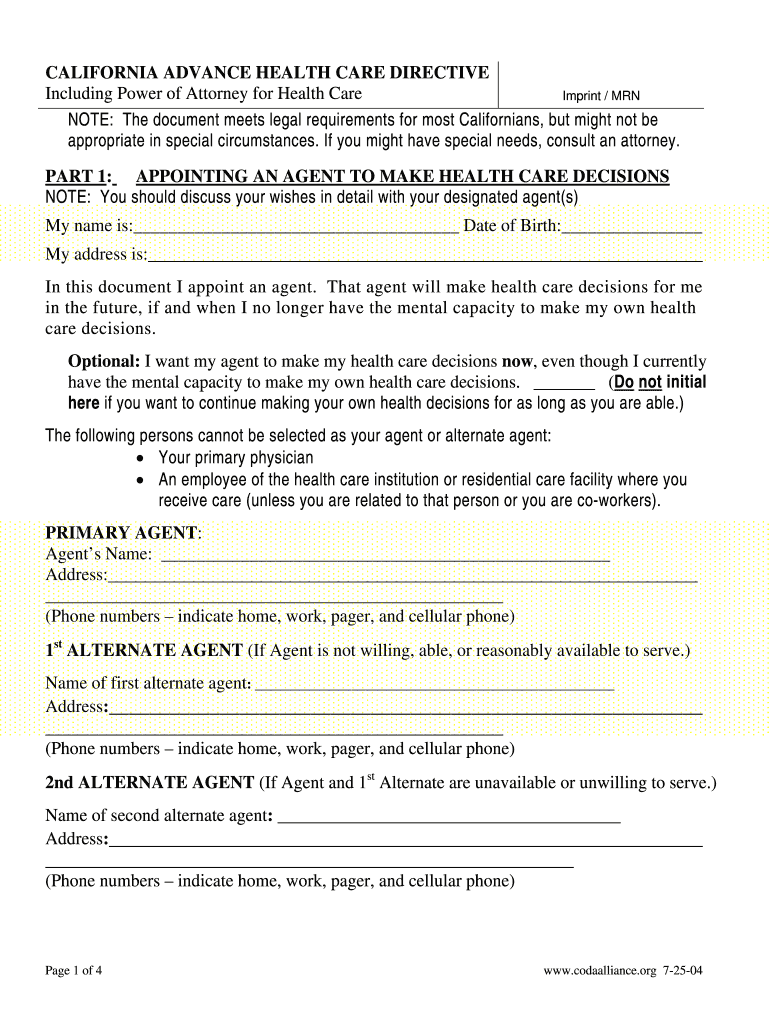  California Medical Power of Attorney Form 2004-2024