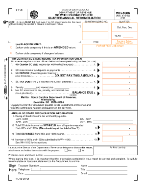 South Carolina Fillable Quarterly Withholding Form Wh 1606 for