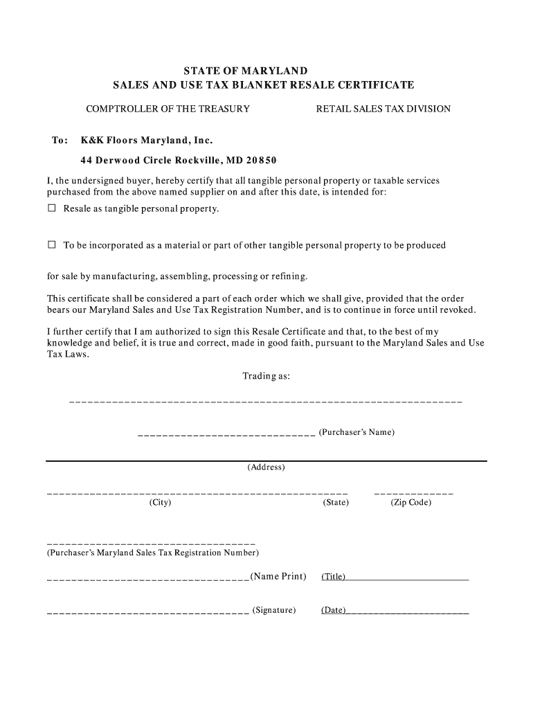 Maryland Resale Certificate  Form