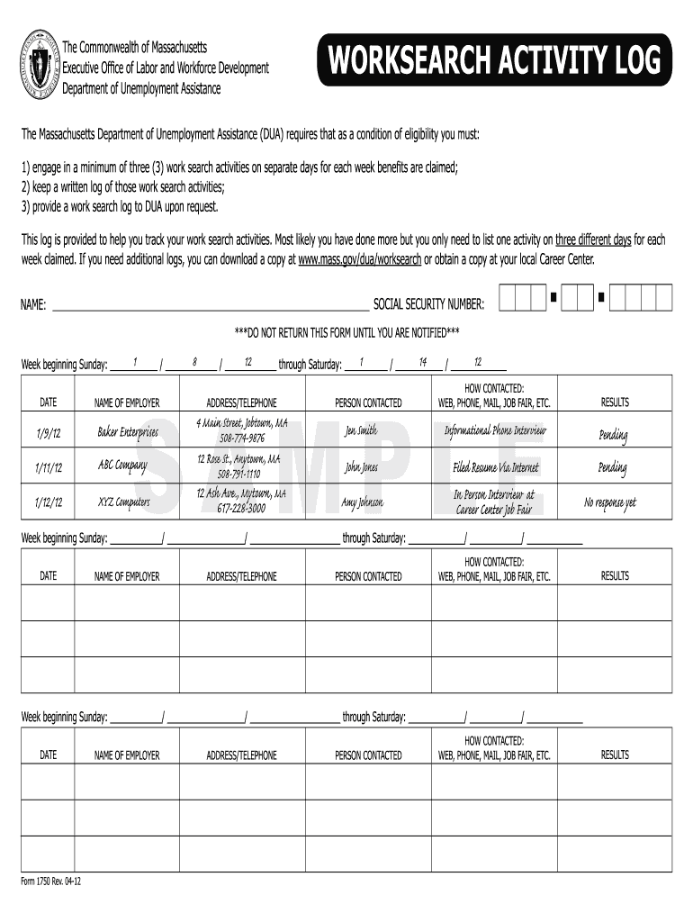  Mass Gov Log Work Sheet Form 1750 2019-2024