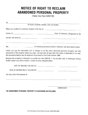 Notice of Right to Reclaim Abandoned Personal Property  Form