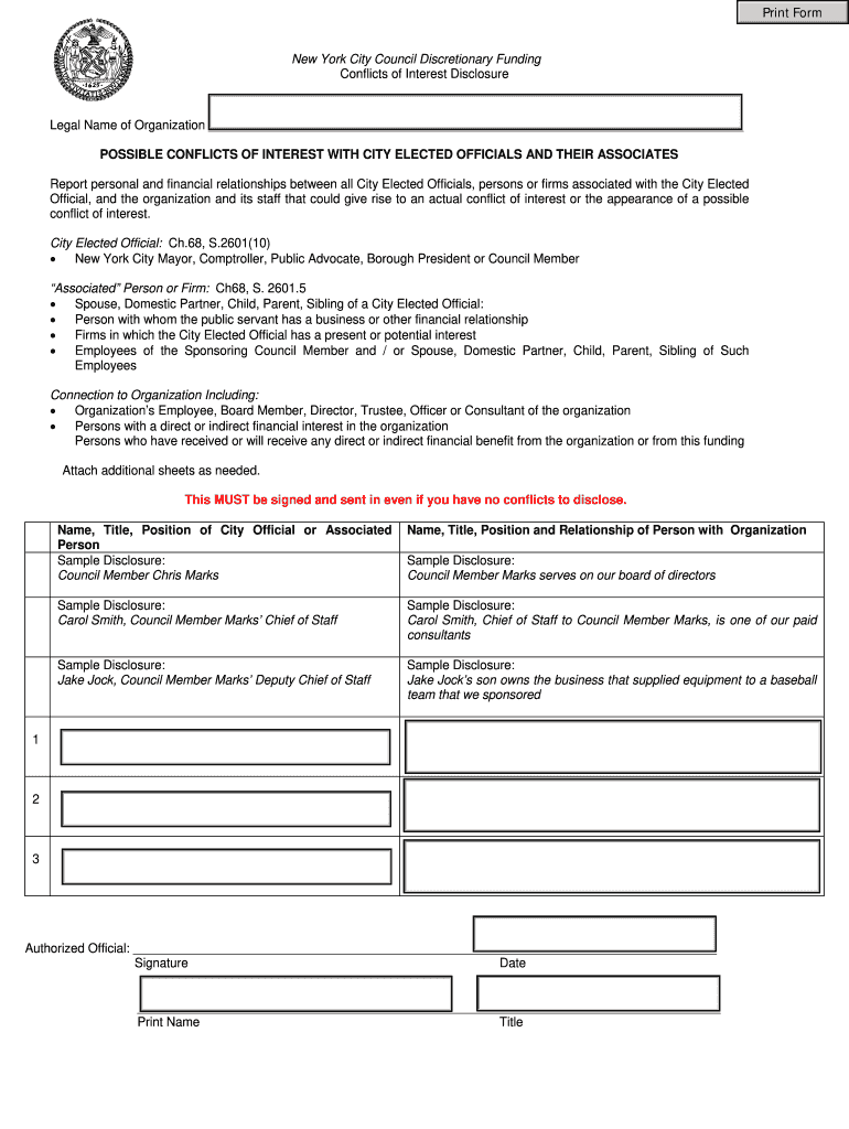 Nyc Conflict Of Interest Disclosure Form Fill Out and Sign Printable