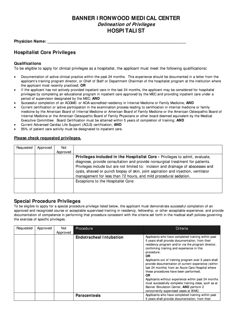 Sample Hospitalist Privilege Delineation Form