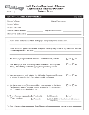 North Carolina Department of Revenue Application for Voluntary Dor State Nc  Form