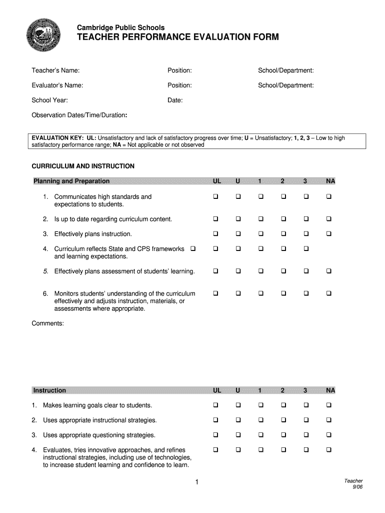  Sample Performance Appraisal Form for Teachers 2006-2024
